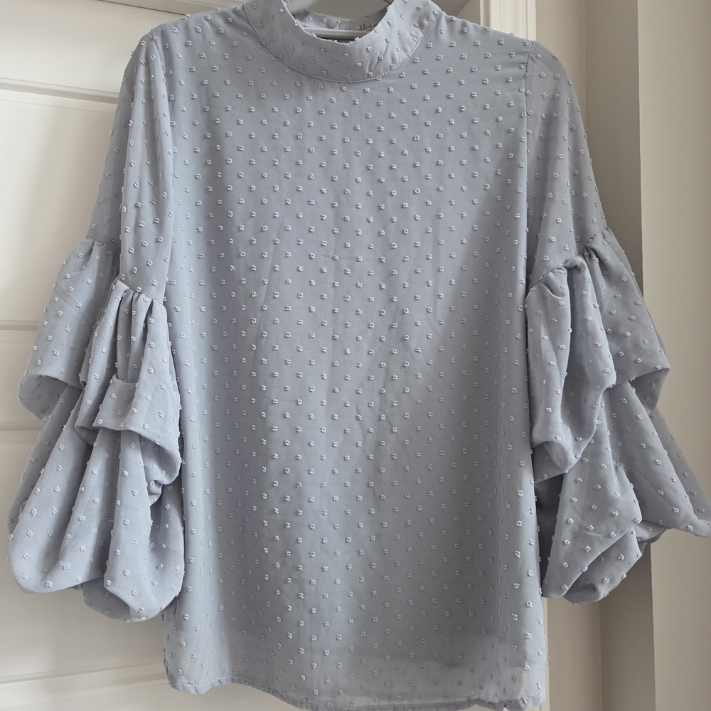 Wishlist Light Blue/Grey Textured Blouse with Dramatic Ruffled Sleeves
